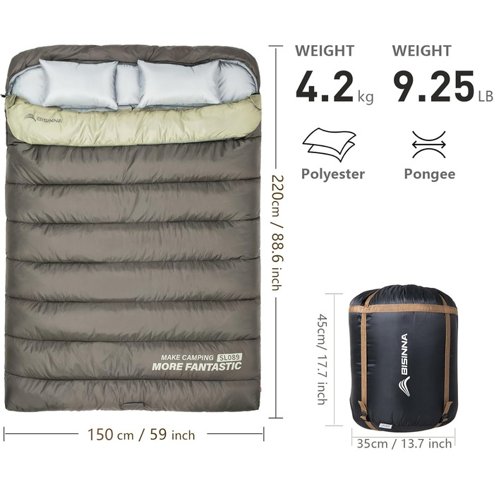 Зимовий спальний мішок BISINNA для 2 дорослих, 3 сезони, для кемпінгу та подорожей на автодомі (4.2 кг), зелений