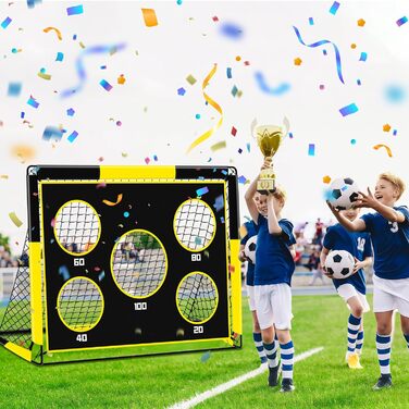 Дитячі воріта для футболу 2-в-1, 150х120 см, портативні та стабільні, з 5 цілями, 4 анкери та сумка, для саду, парку, пляжу (жовті)