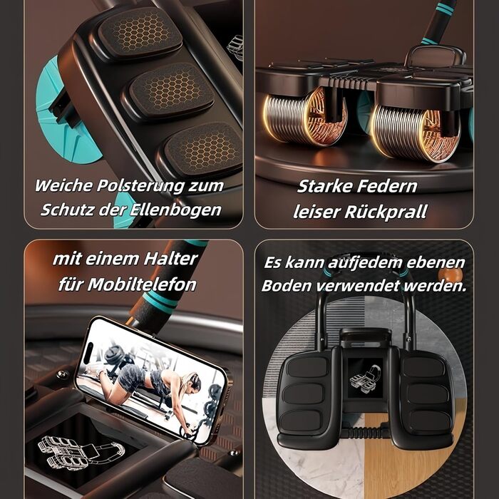 Ролер для пресу з 4 колесами та підтримкою ліктів, автоматичний відскок, тренажер для пресу, ролер для тренування м'язів живота для дому, синього кольору