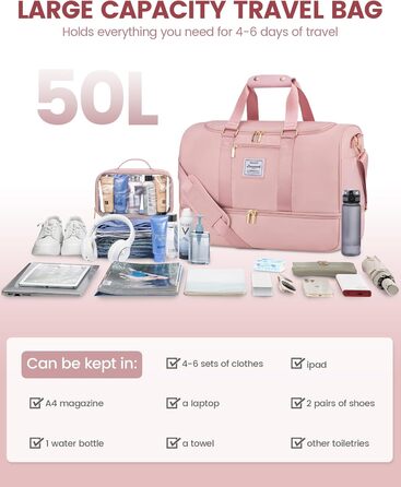 Дорожня сумка LOVEVOOK 50L для жінок, спортивна, водонепроникна, з відділенням для взуття та косметички, для пологового будинку, ручна поклажа для подорожей, тренажерного залу, кемпінгу, рожева