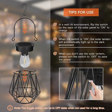 2 Сонячні ліхтарі для вулиці, підвісні, IP65, металеві, LED, для саду, патіо, кемпінгу, газону, чорні (шестикутні)