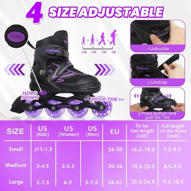 Регульовані ролики для дітей (дівчатка та хлопчики), ролики з підсвічуванням коліс, для занять спортом в приміщенні та на вулиці, фіолетовий & синій, чорний & фіолетовий