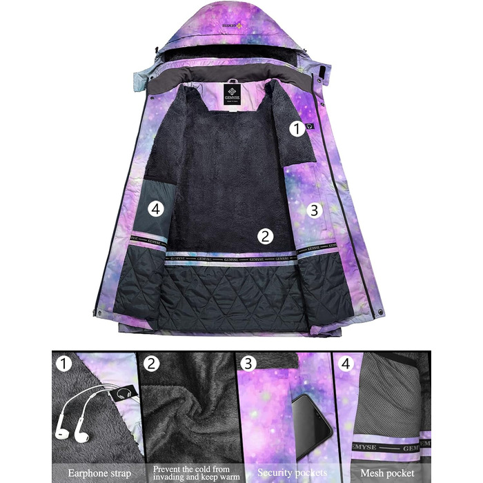 Жіноча лижна куртка GEMYSE, водонепроникна, тепла, вітронепроникна, зимова, кольори: фіолетовий та рожевий, розмір M