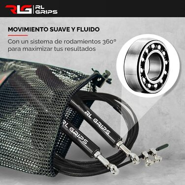 Скакалка для кросфіту RL Grips® з алюмінієвого сплаву з неслизькою ручкою - Скакалка з тросом 2 мм - Скакалка для кардіо, фітнесу, тренажерного залу, чорна (скакалка + запасні частини)