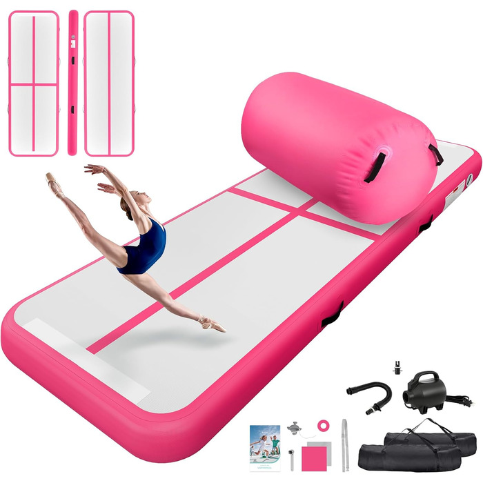 Airtrack мат для гімнастики 10 см, 3м/4м + повітряний рол 100x60см, електричний насос (Рожевий, 300x100x10см + 100x60см)