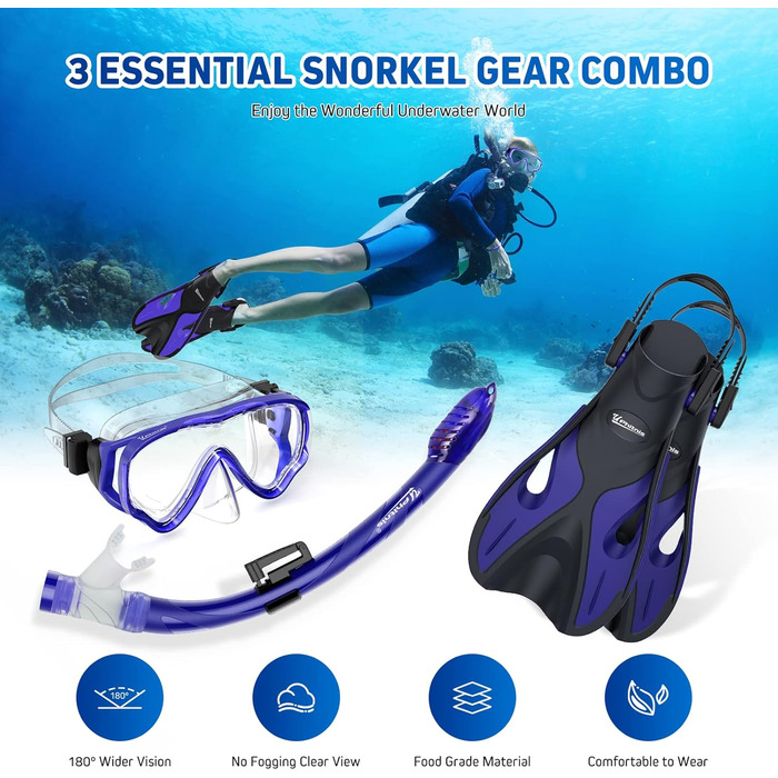 Набір для снорклінгу для дітей з ластами, маска з антизапітнінням 180° панорамний огляд, регульовані плавальні ласти та преміум сухий снорк, 3 в 1 набір для снорклінгу для дітей з сумкою, L/XL(31-36), блакитний