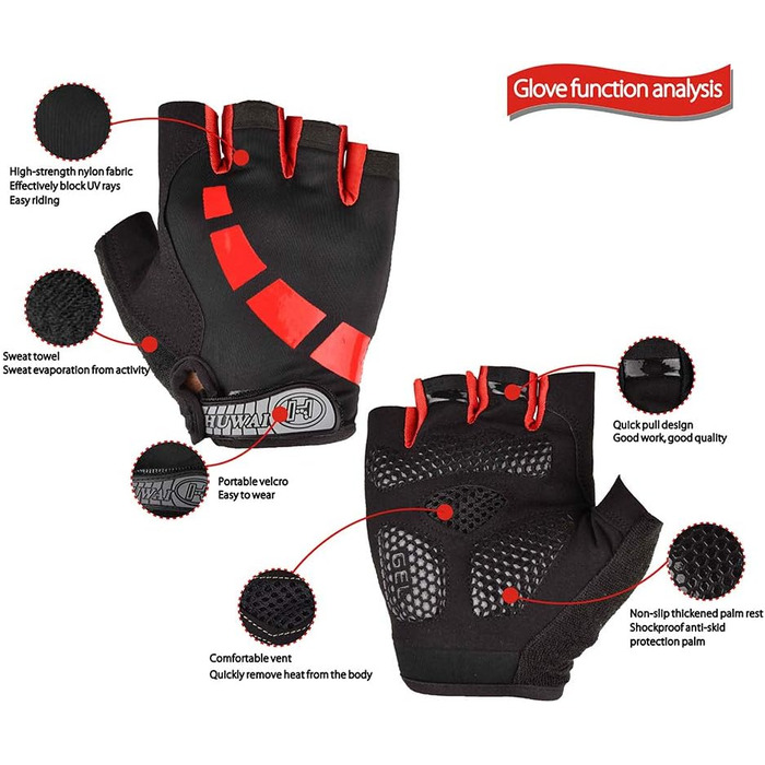 Велосипедні рукавички для чоловіків та жінок літні, напівпальцеві для гірського велосипеда, шосе, піших прогулянок, альпінізму, чорні, червоні, розмір L