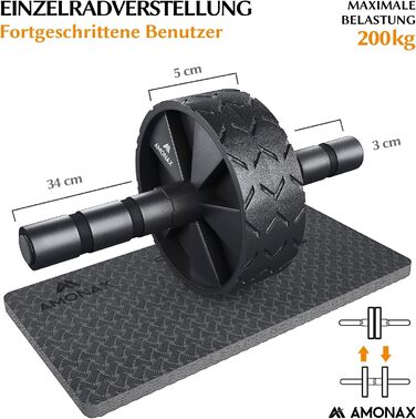Ролер для пресу Amonax - тренажер для пресу з килимком для колін, для чоловіків та жінок, чорний