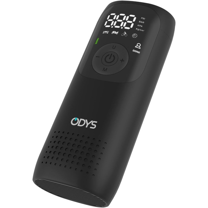 ODYS FlexPump акумуляторний портативний електричний компресор-насос для авто, мотоцикла, велосипеда, самоката, м'ячів (0-10 Бар, 0-150 PSI, 2000 мАг, зарядка USB-C, цифровий дисплей, LED-підсвітка)