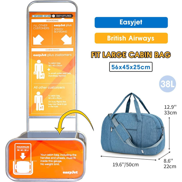 Дорожня сумка Narwey для ручної поклажі 40л, жіноча та чоловіча, EasyJet 45x36x20, спортивна сумка-вікендер, синя, без відділення для ноутбука