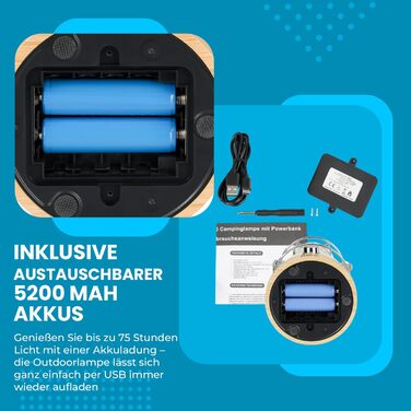 LED кемпінговий ліхтар на акумуляторі з Power Bank, 370lm, регулювання яскравості, USB зарядка, 2200-6500K, до 75 годин роботи, IP44, бамбук та льон