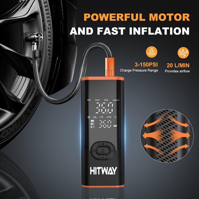 Електрична портативна насосна станція HITWAY 6000mAh, 150PSI, акумуляторний компресор для авто, велосипедів, мотоциклів і м'ячів, з функцією Powerbank