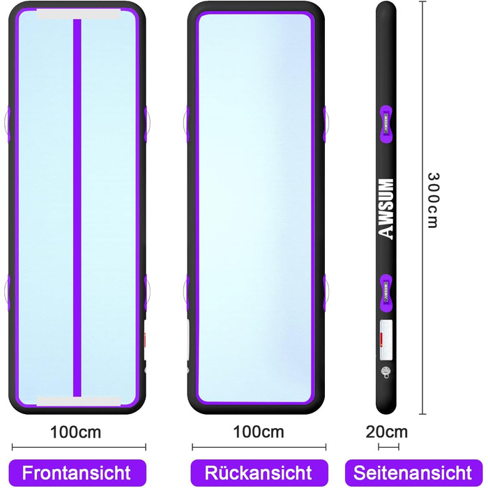 AWSUM Килимок для гімнастики надувний 2/3/4/5/6м, Tumbling Matte, Tumble Track для йоги, фітнесу, дому, з повітряним насосом, 10/20 см товщиною, 300x100x20 см, фіолетовий + чорний