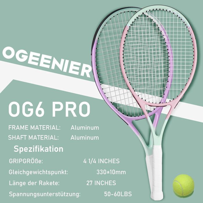 Набір тенісних ракет OGEENIER для дорослих (2 гравці) з аксесуарами (фіолетовий+рожевий)