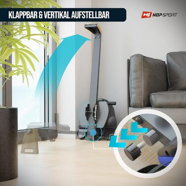 Гребний тренажер Hop-Sport Boost для дому, складаний, з магнітною системою гальмування, комп'ютером, кулькопідшипниковим сидінням, 10 рівнів навантаження, до 120 кг, золотий