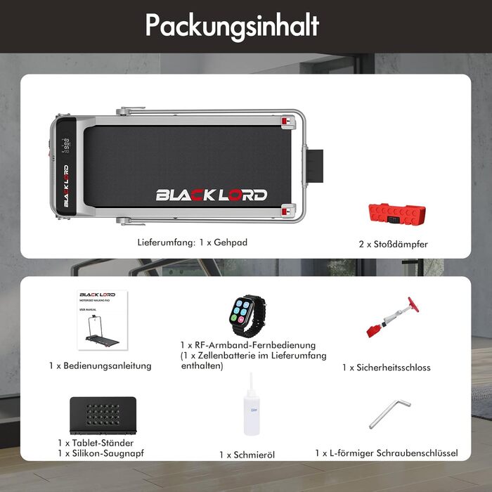 Електрична бігова доріжка BLACK LORD MS2H з нахилом 9%, 3.2 к.с., Walking Pad 4-в-1 для дому та офісу, 12 програм, вбудований динамік, до 140 кг, срібляста (з поручнем)