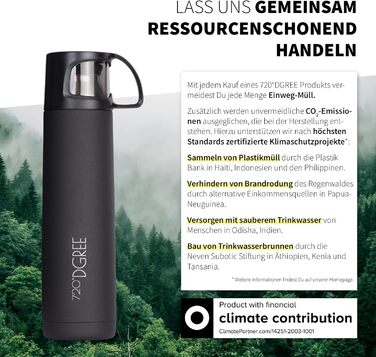 Термос 720°DGREE Thermoskanne з чашкою 450 мл 'Follow' - 3 розміри, 12 годин гаряче, 24 години холодне, не протікає, без BPA - термофляка з нержавіючої сталі, ізотермічна фляка - ідеально для роботи, дітей, школи, дитини 450 мл Onyx Black | Міцний матовий