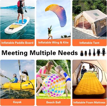 Електричний насос для SUP з акумулятором 12000mAh, 20PSI, 6 насадок для надування/здування, 12V DC, автовимкнення, для SUP, серфінгу, наметового обладнання, матраців