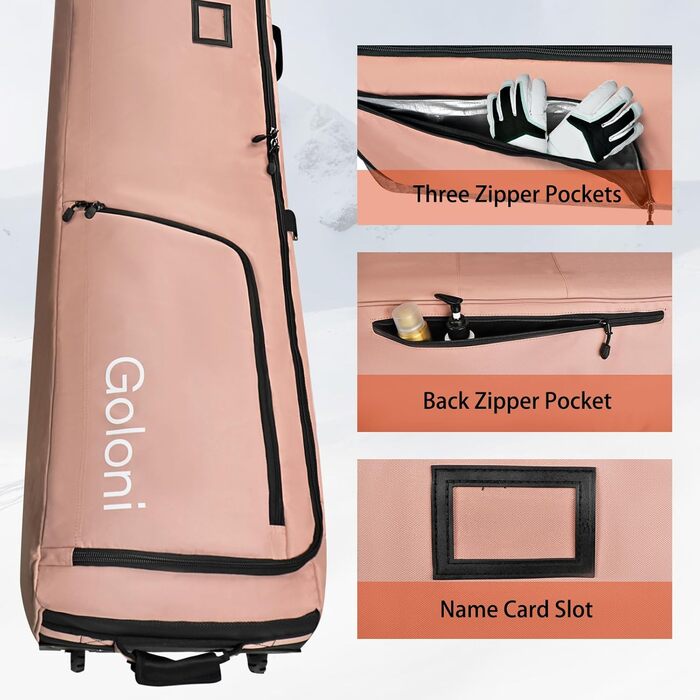 Чохол для сноуборда на колесах, водонепроникний, 600D, для подорожей літаком, вміщує 2 пари лиж (175см), рожевий