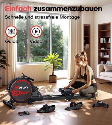 Гребний тренажер для дому з регулюванням опору 16/32 рівні, тихий магнітний, з LCD-дисплеєм, до 180 кг, чорний+червоний