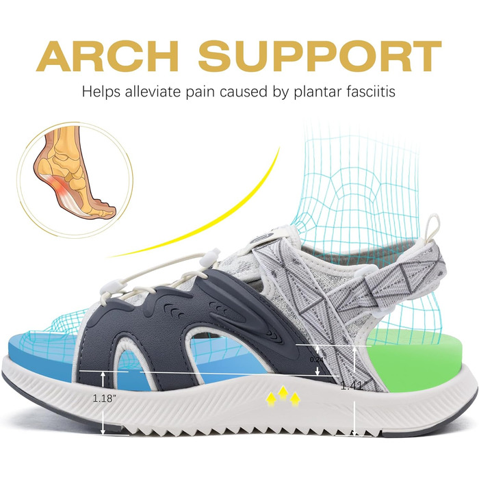ONCAI Легкі сандалі для жінок, спортивні трекінгові сандалі з підтримкою стопи та ортопедичною устілкою для Plantar Fasciitis, регульовані ремінці, розміри 36-43 (43 EU, сірий та білий)