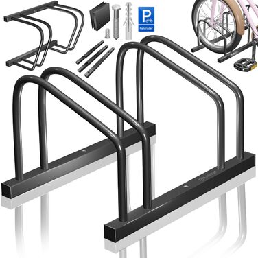 Підставка для велосипедів KESSER® на 2 велосипеда з паркувальним щитом | Багатоколісна підставка з проміжком 37 см для шин шириною 30-65 мм | Тримач для велосипедів для встановлення на підлозі або стіні | Чорний тримач для велосипедів на 2 колеса