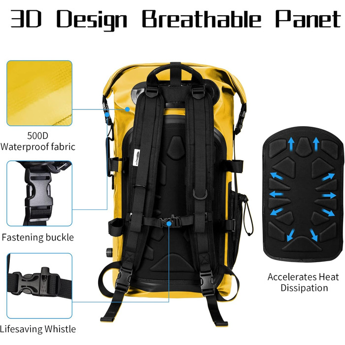 Водонепроникний рюкзак 35L для каякінгу, рафтингу та пляжу (жовтий)