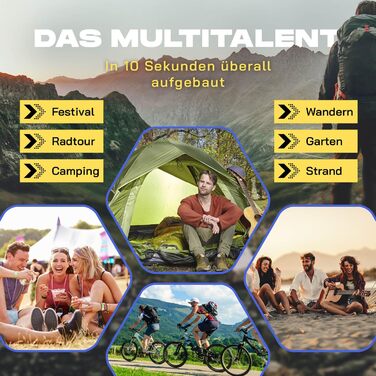 Намет Lumaland Camping - легкий намет Pop-Up для 2-4 особи | Куполовий намет для кемпінгу, трекінгу та фестивалів | Водонепроникний намет 210x190x110cm | Захист від вітру та сонця на пляжі