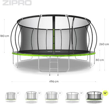 ZIPRO JumpPro Premium Трамплін для дітей Outdoor, садова модель, з сіткою, захист від УФ, стійкий до погодних умов, Ø 252-496 см, до 150 кг