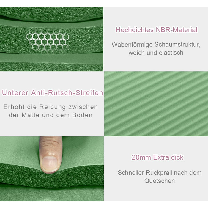 Килимок для йоги XXL 200x130 см: фітнес-мат з NBR, товщина 20/15/10 мм. Підходить для йоги, фітнесу, занять з дітьми та для людей похилого віку. Зелений, товщина 20 мм