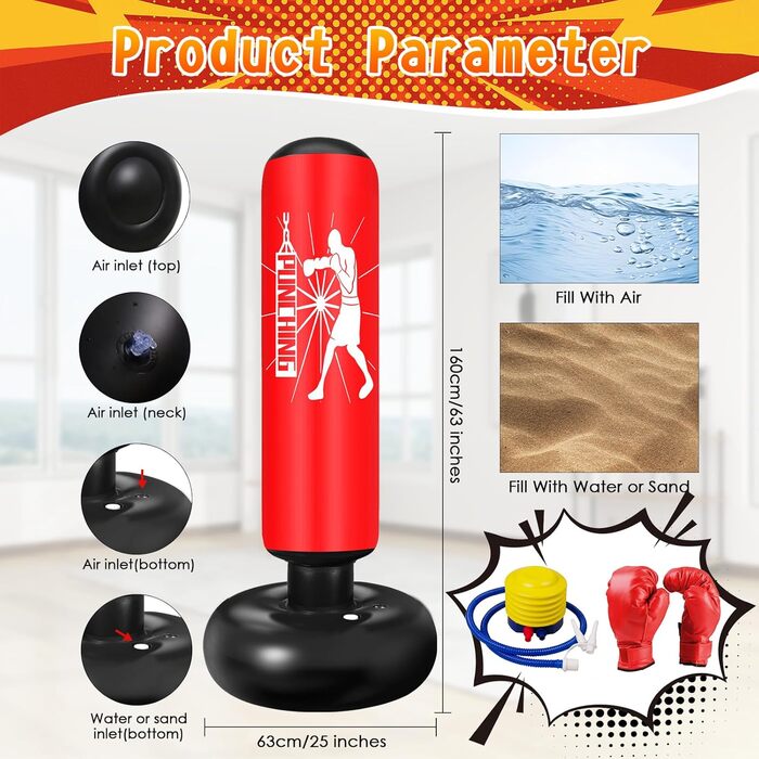 Груша боксерська дитяча Ninonly 160 см з рукавичками та насосом. Стійка груша для боксу в приміщенні, на вулиці, в спортзал для хлопчиків та дівчаток. Червоний колір.