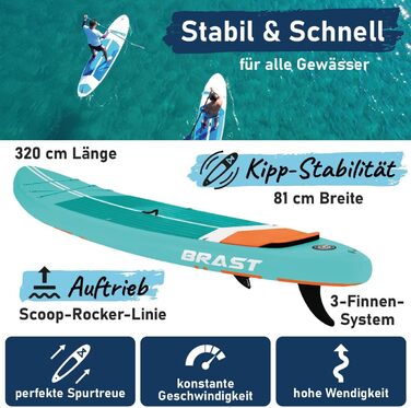 SUP дошка BRAST Turtle надувна з веслом, 320x81x15 см, бірюзова - комплект для Stand Up Paddleboarding (SUP) з 5-річною гарантією