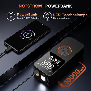Портативний електричний компресор ZORUMAN 150 PSI з акумулятором 10000mAh, манометром та LED-ліхтарем для авто, велосипедів, мотоциклів і м'ячів