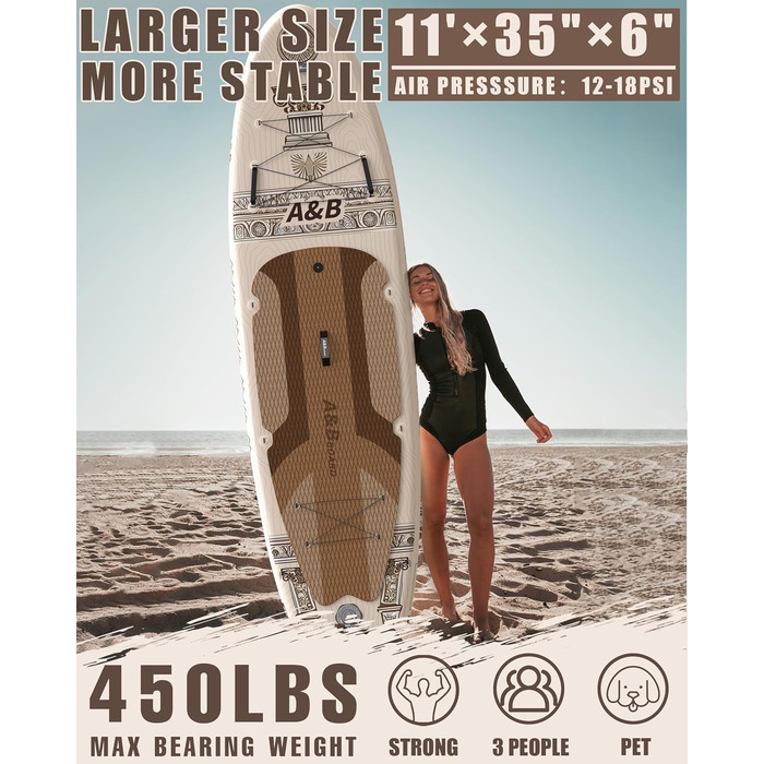 Надувний SUP-борд A&BBOARD з аксесуарами, 335x88 см, для підлітків та дорослих, бежевий + вінтажний