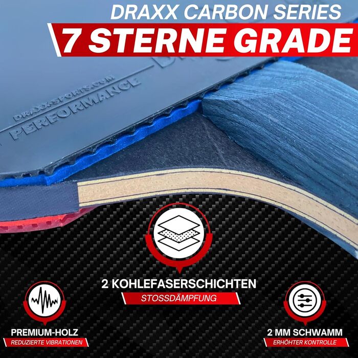 Набір ракетки для настільного тенісу DRAXX SPORTS 7 зірок | Професійна карбонова ракетка для контролю, обертання та потужності | Ультралегка, 175г | Губка 2мм & Високопродуктивний накладка