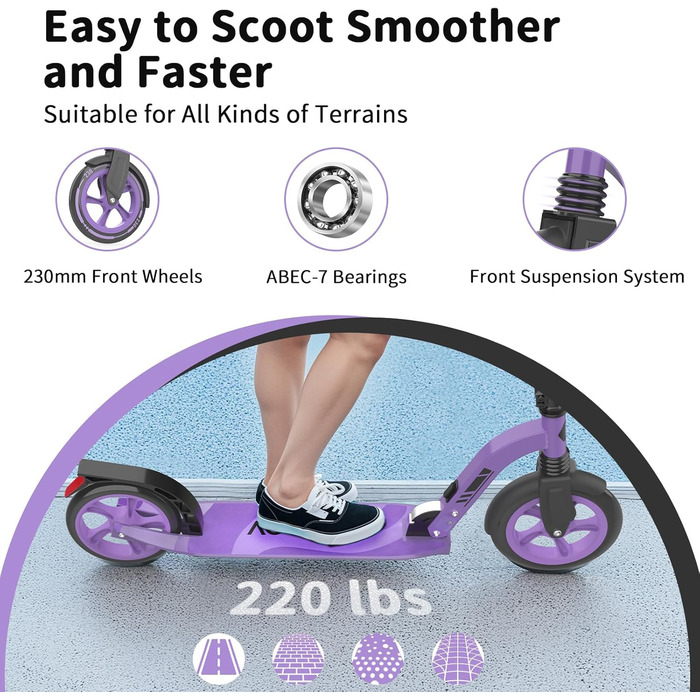 Дитячий самокат Beeliv Roller Kinder з великим колесом 230 мм, LED-підсвітка, регульована висота, ремінь, складаний, для дітей, підлітків, дорослих (фіолетовий)