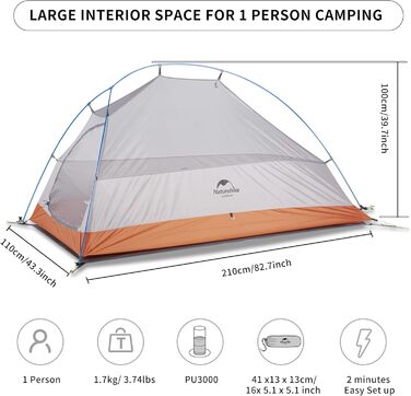 Намет Naturehike Cloud Up 1 - ультралегкий намет для 1 особи, 4 сезони, оранжевий (210T)