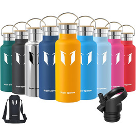 Термос-пляшка Super Sparrow з нержавіючої сталі - 350мл/500мл/620мл/750мл/1л - Без витоку, BPA-Free - Пляшка для води, термопляшка для дітей, для газованої води, спорту, школи, фітнесу - з 2 кришками (500мл, Mango)