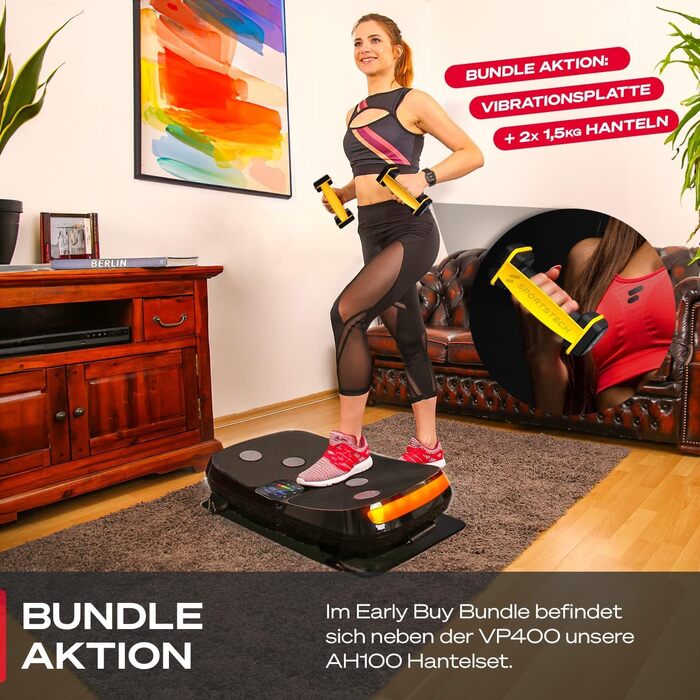 Платформа для вібрацій Sportstech 4D VP400 з LED, тренувальні стрічки та мотузки, для дому, до 120 кг, чорний