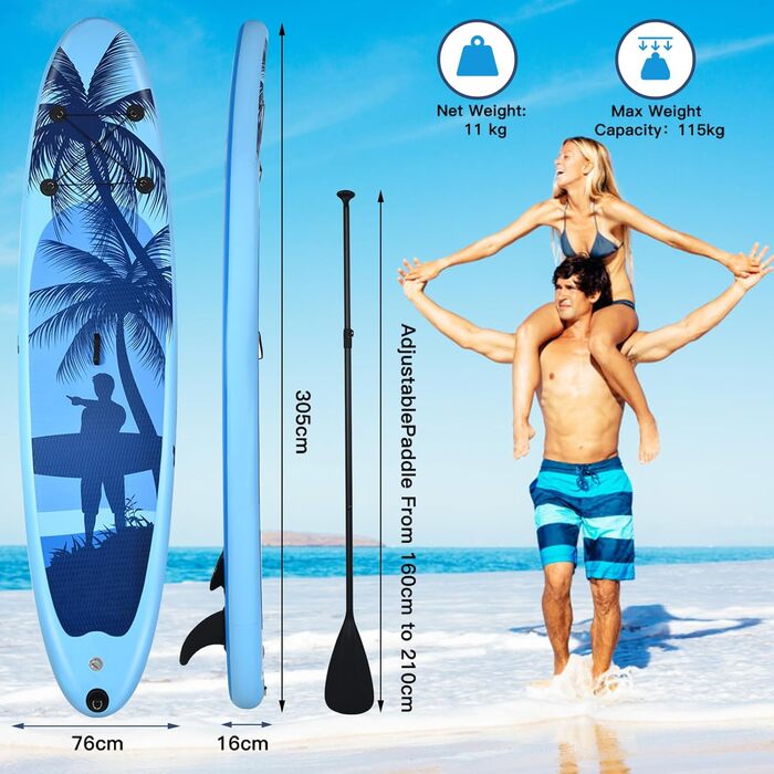 Надувна SUP-дошка HOMASIS 305x76x16 см з веслом, насосом, центральним плавником, рюкзаком і ремкомплектом, для підлітків і дорослих, синя