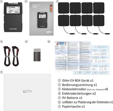 iStim EV-804 TENS/EMS: 2-канальний масажер для зняття болю та м'язової стимуляції – 24 програми, 7 режимів, 8 електродів, для спини, шиї, колін