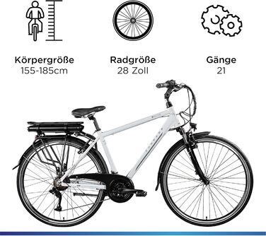 Електровелосипед ZÜNDAPP Z802 Trekking 28'' для чоловіків, 21 швидкість, пробіг до 115 км, LED-дисплей, освітлення, зріст 155-185 см