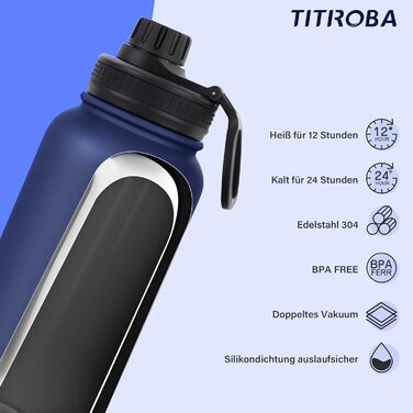 Термос пляшка з нержавіючої сталі 1 л, герметична, BPA Free, ізольована, вакуумна, подвійні стінки, темно-синя