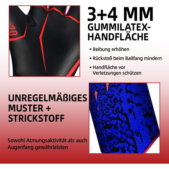 Футбольні воротарські рукавички Torwarthandschuhe для дітей та дорослих, розміри 6-10, червоні
