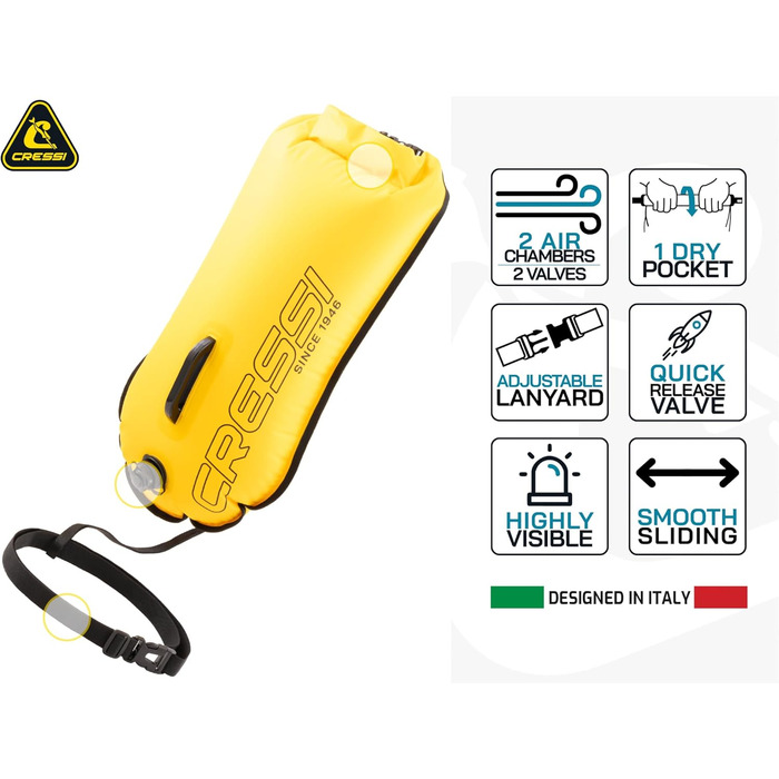 Буйок плавальний CRESSI Glide Pro 28L - сигнальний, надувний, жовтий для плавання, снорклінгу та триатлону