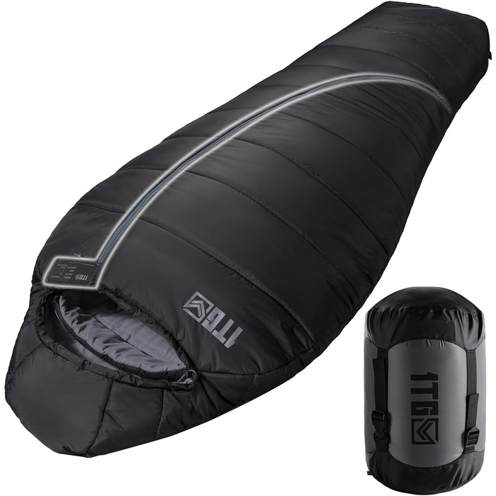 Тактичний спальний мішок 4 сезони 1TG Ranger Green (Black) для кемпінгу, трекінгу та подорожей (до 185 см)
