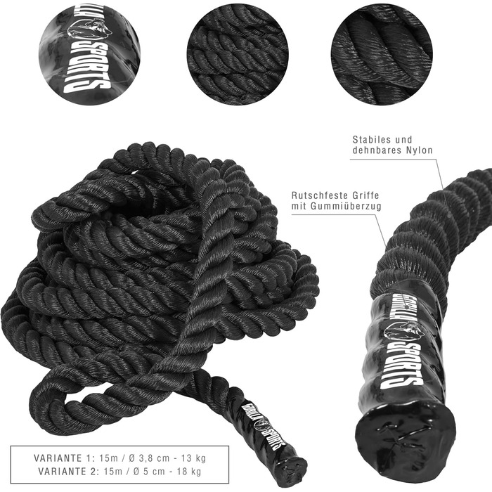 GORILLA SPORTS® Батл-канат 15 м, 38/50 мм, неслизькі ручки, нейлон, чорний – тренувальний канат для фітнесу, кросфіту, батл-роуп, для залу та спорту
