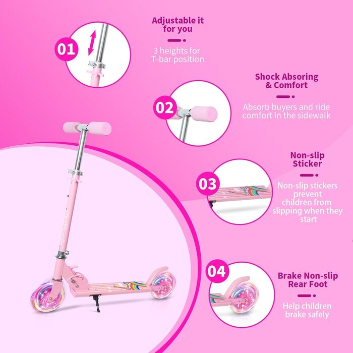 Дитячий ролер Nattork: легкий, складний, з регулюванням висоти, до 50 кг, рожевий