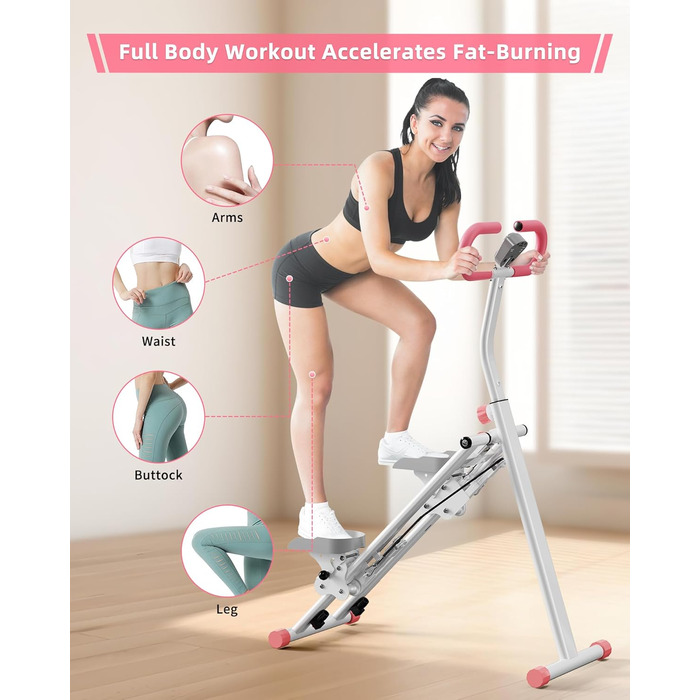 Вертикальний тренажер для кардіо, сходи для дому, вертикальний альпініст з ручкою для тренувань всього тіла, 3 регульовані висоти, LCD-дисплей, компактний та складаний, рожевий