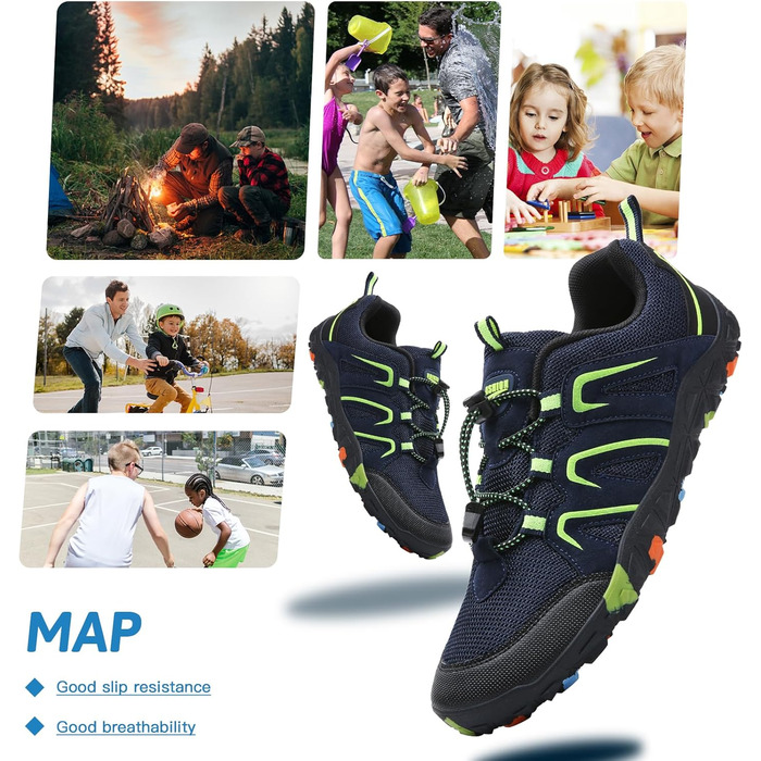 Дитячі трекінгові черевики Littleplum для хлопчиків. Зручні, дихаючі, антиковзкі черевики для активного відпочинку та трейлраннінгу. Розмір 40 EU, темно-синій/зелений.